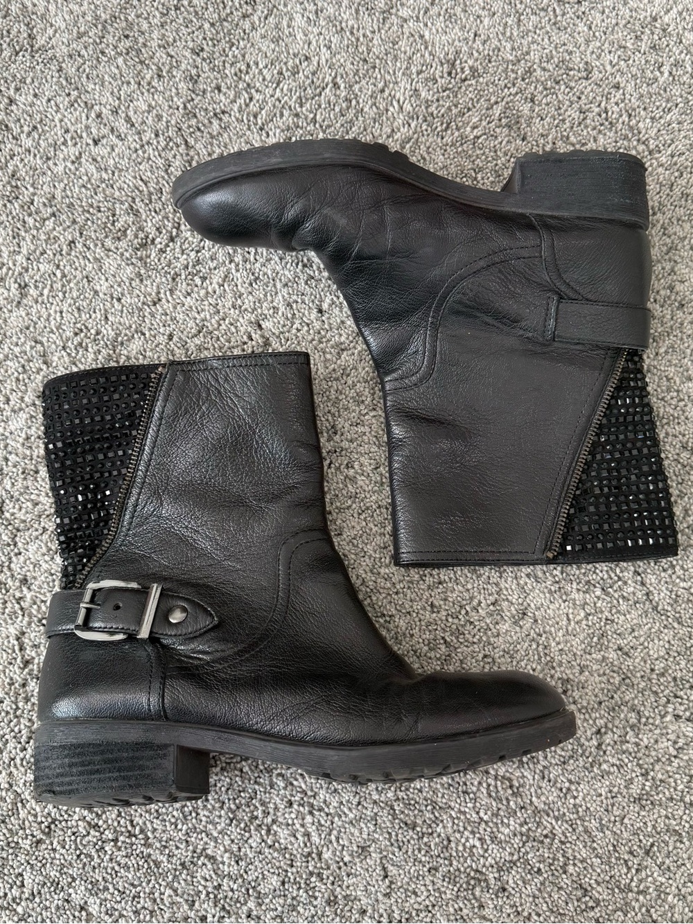 Gianni Bini Black Leather Rhinestones Combat Moto Pull On Boots Women’s US 9M - Picture 2 of 15